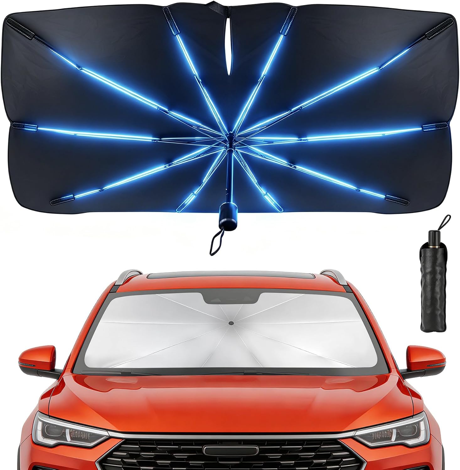 Ön Cam için Araba Ön Cam Güneşlik Şemsiyesi, 55“x31” | 5 Katmanlı Yansıtıcı Kaplama, 10 Adet Güçlendirilmiş Çubuk, UV Koruması, Isı Azaltma, Sedan ve SUV'ler için Orta Boy