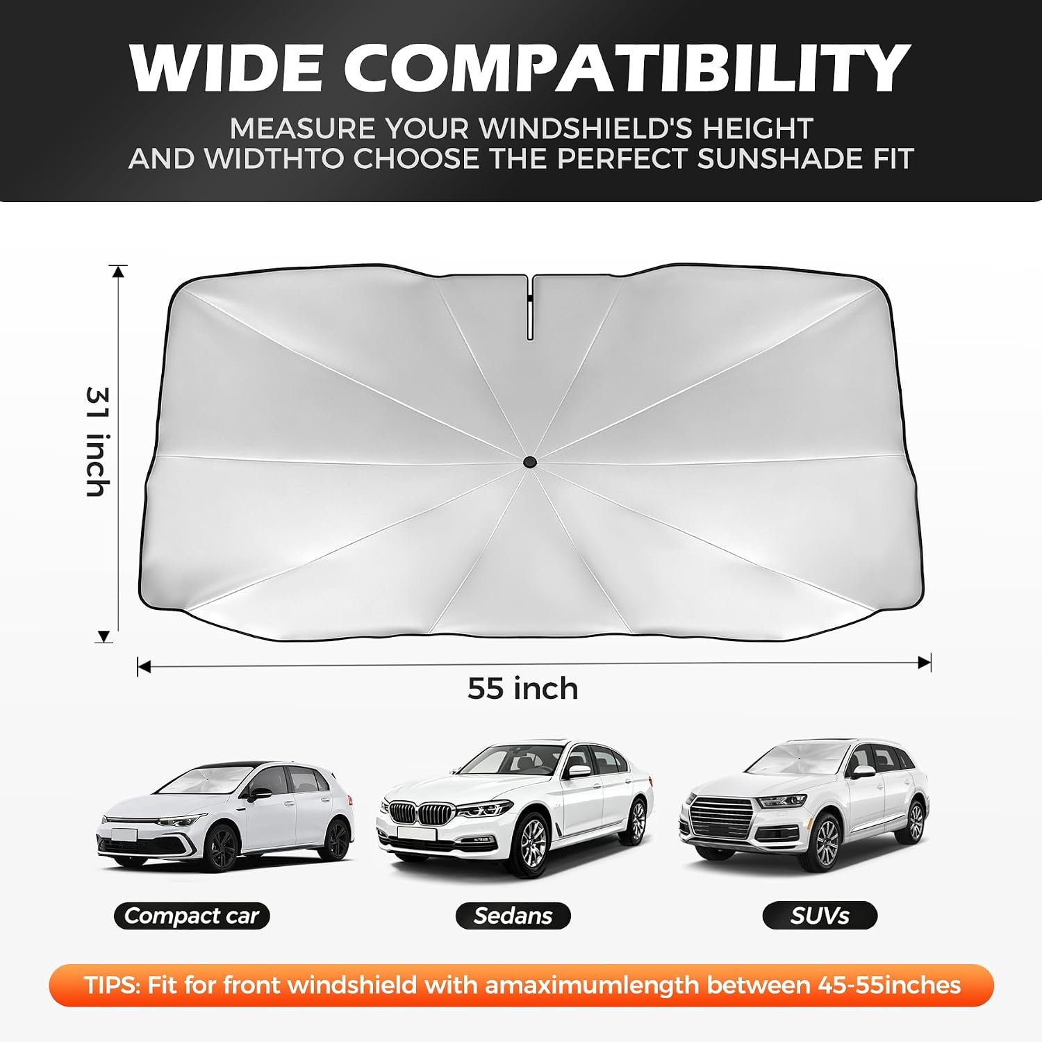 Ön Cam için Araba Ön Cam Güneşlik Şemsiyesi, 55“x31” | 5 Katmanlı Yansıtıcı Kaplama, 10 Adet Güçlendirilmiş Çubuk, UV Koruması, Isı Azaltma, Sedan ve SUV'ler için Orta Boy