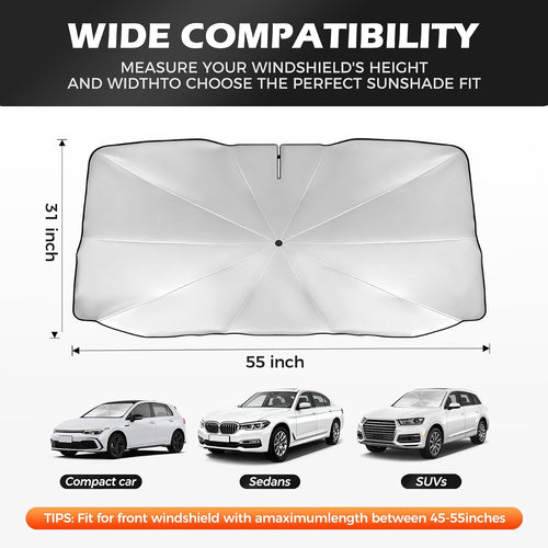 Ön Cam için Araba Ön Cam Güneşlik Şemsiyesi, 55“x31” | 5 Katmanlı Yansıtıcı Kaplama, 10 Adet Güçlendirilmiş Çubuk, UV Koruması, Isı Azaltma, Sedan ve SUV'ler için Orta Boy
